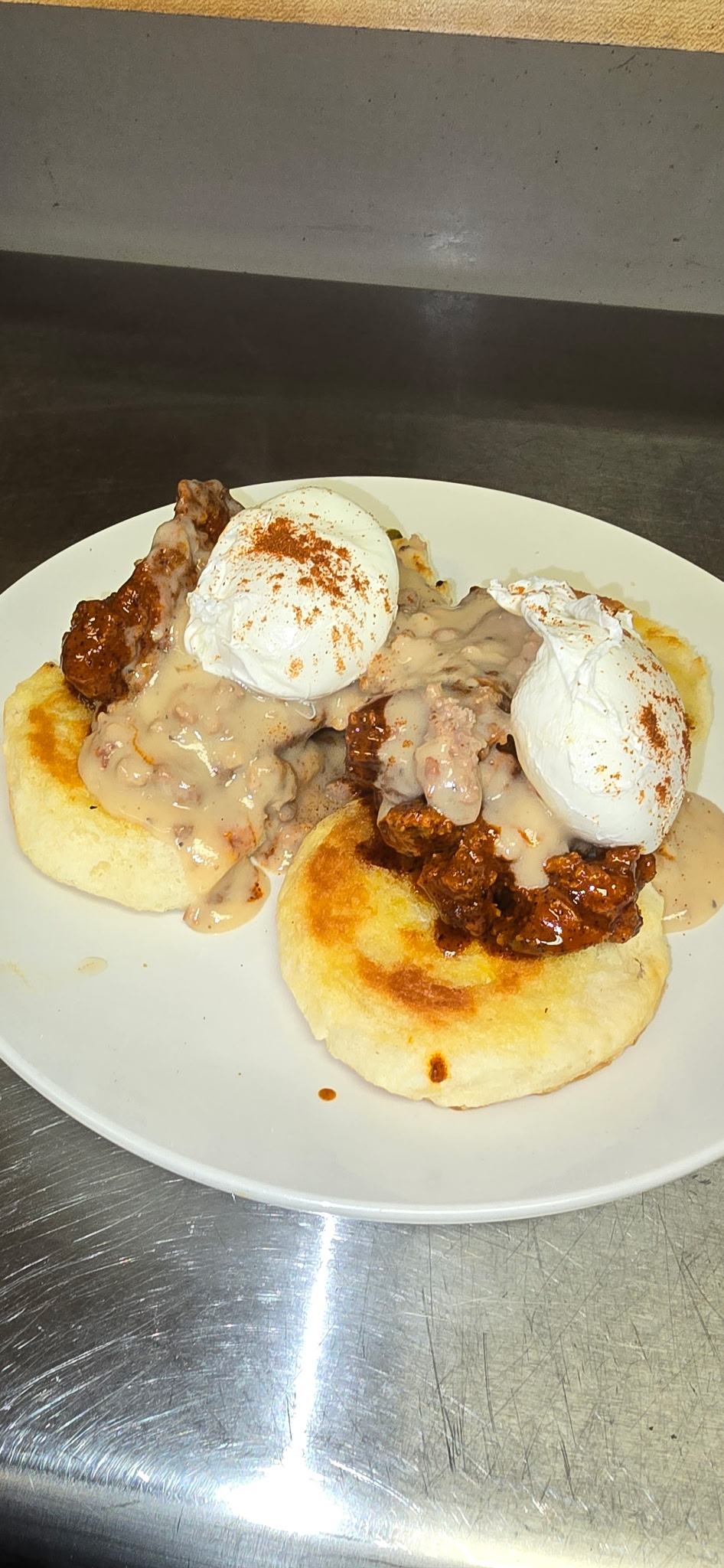 S.T.F.U. — biscuits, hot chicken, poached eggs, sausage gravy